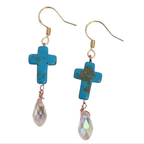 18k Gold Plated Turquoise Teardrop Ab Crystal Earrings - Picture 2 of 3